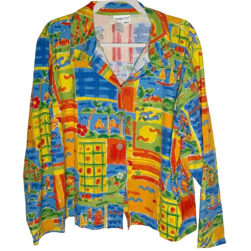 VTG Coldwater Creek Tropical Beach Cottage Print Button Up Shirt XL Cotton READ